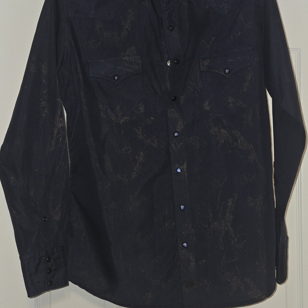 Men's Navy Blue With Gold Shine Shirt Pearl Snap Size Small